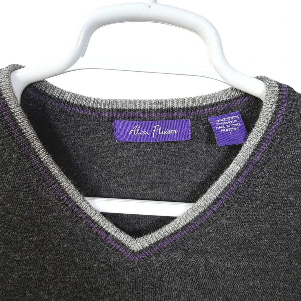Alan Flusser Merino Wool Blend Sweater Mens L Charcoal Gray V-Neck Classic Knit